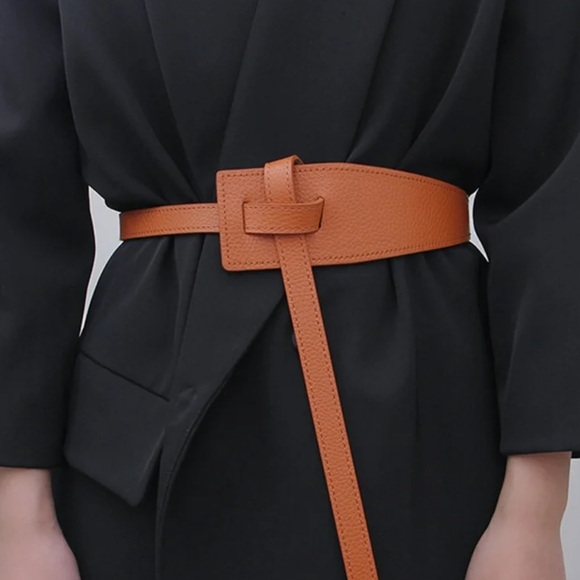 Leather Brown Belt Irregular Shape Adjustable Knot Long Waistband Suit Corset